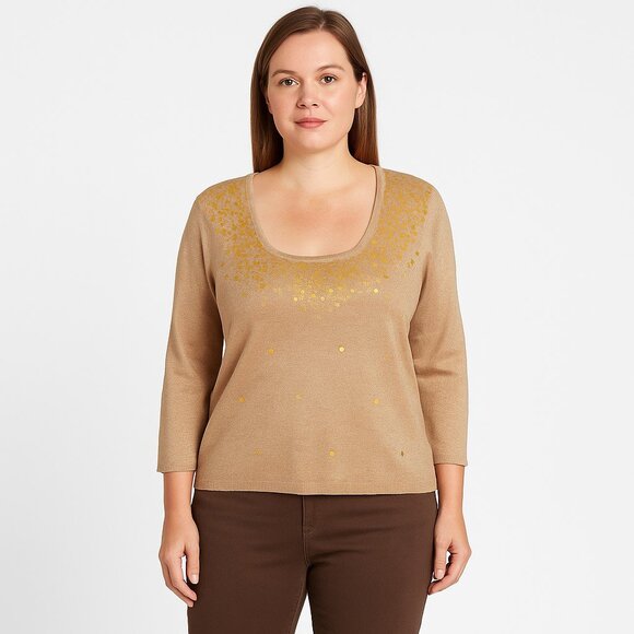 Vintage Joseph A. Gold Metallic Silk 3/4 Sleeve Scoop Neck Sweater Womens XL NWT - Picture 1 of 14